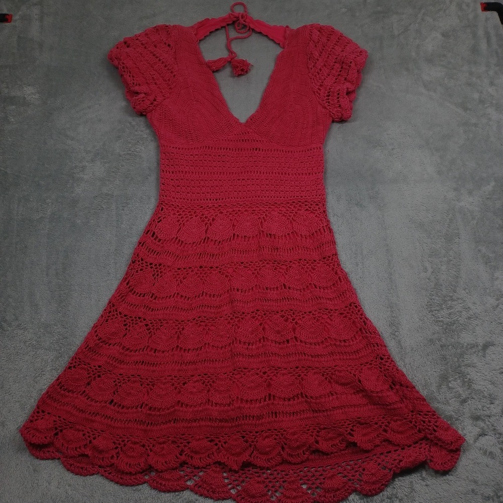 Love The Label Dress Womens Medium Red Mini Fit Flare Crochet‎ Knit Tie